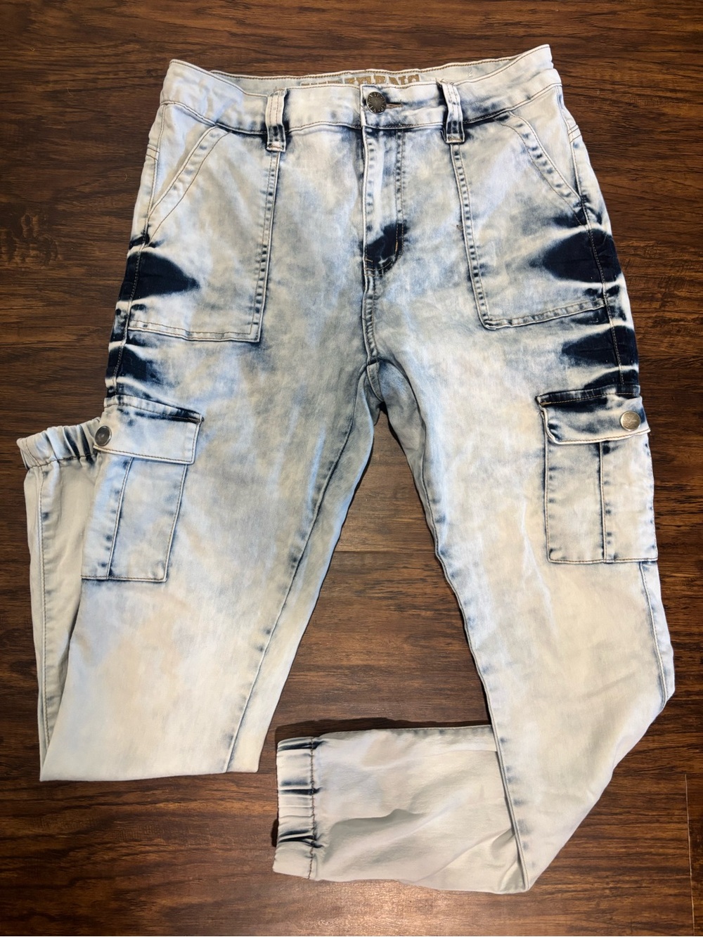 VIP Light Blue Washed Cargo Pants with Dark Blue Accents. A1
